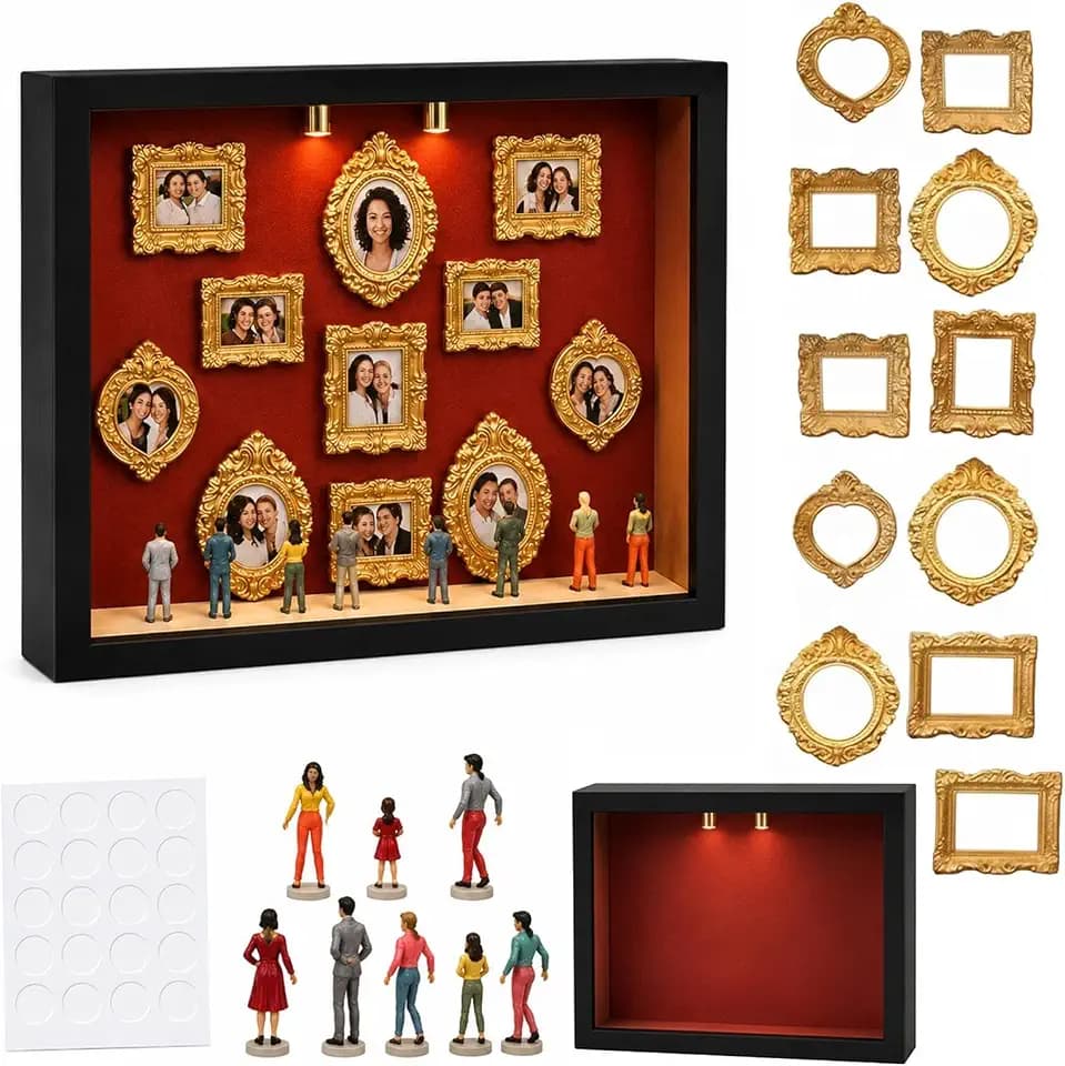 DIY-Mini-Museums-Silhouettenbox Foto-Erinnerungsset:Bilderrahmen mit LED-Licht, 8 Mini-Goldrahmen 8 Figuren, Jubiläum, Hochzeit, Wohndekoration (Rot)