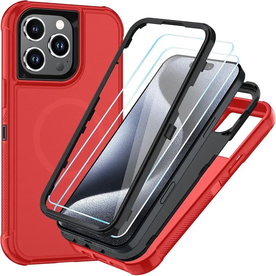 SunStory 3 in 1 Magnetic for iPhone 15 Pro Case with Screen Protector Red