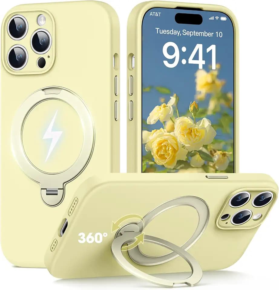 HuwaiH Silicone Case for iPhone 14 Pro Magnetic Ring Stand, Yellow