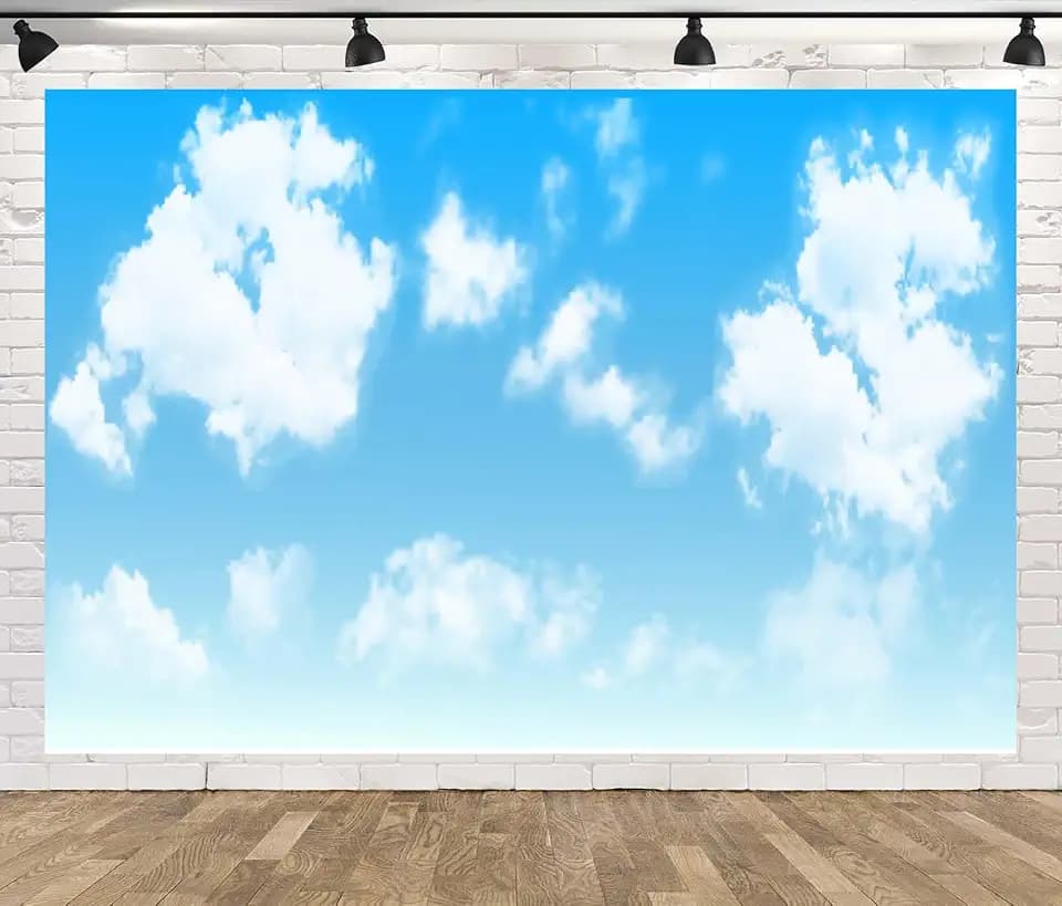 8x6ft Fabric Bright Blue Sky Clouds Backdrop Fluffy White Cloud Background Photography, Outdoor Themed Party, Photo Booth Props