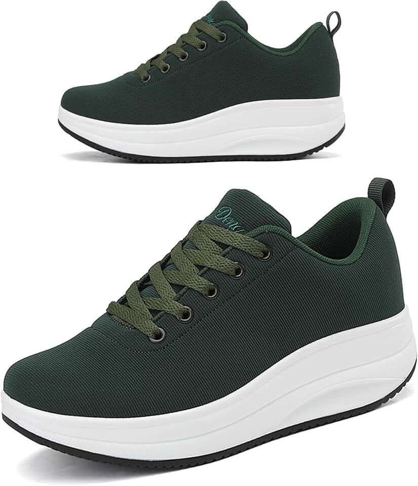 RUIDENG Slip Resistant Sneakers for Women Lightweight | Platform Shoes Women Walk All Day | 2 Inch Rocker Bottom Dark Green Size 7