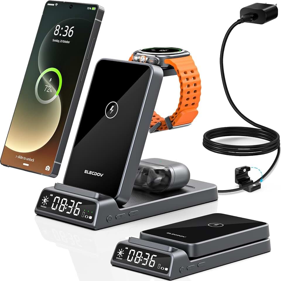 3 in 1 Drahtloses Ladegerät für Samsung Ladestation mit Uhr, Faltbare, Grau