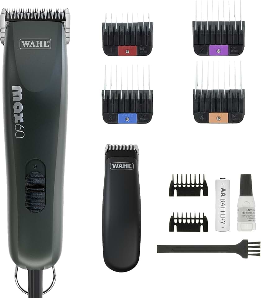 Wahl Tierhaarschneide-Set mit Max 60 + Pocket Pro Trimmer für Tiere Profi | Tierhaarschneider und Trimmer für alle Fellarten, leistungsstark, vibrationsarm, leicht, schwarz