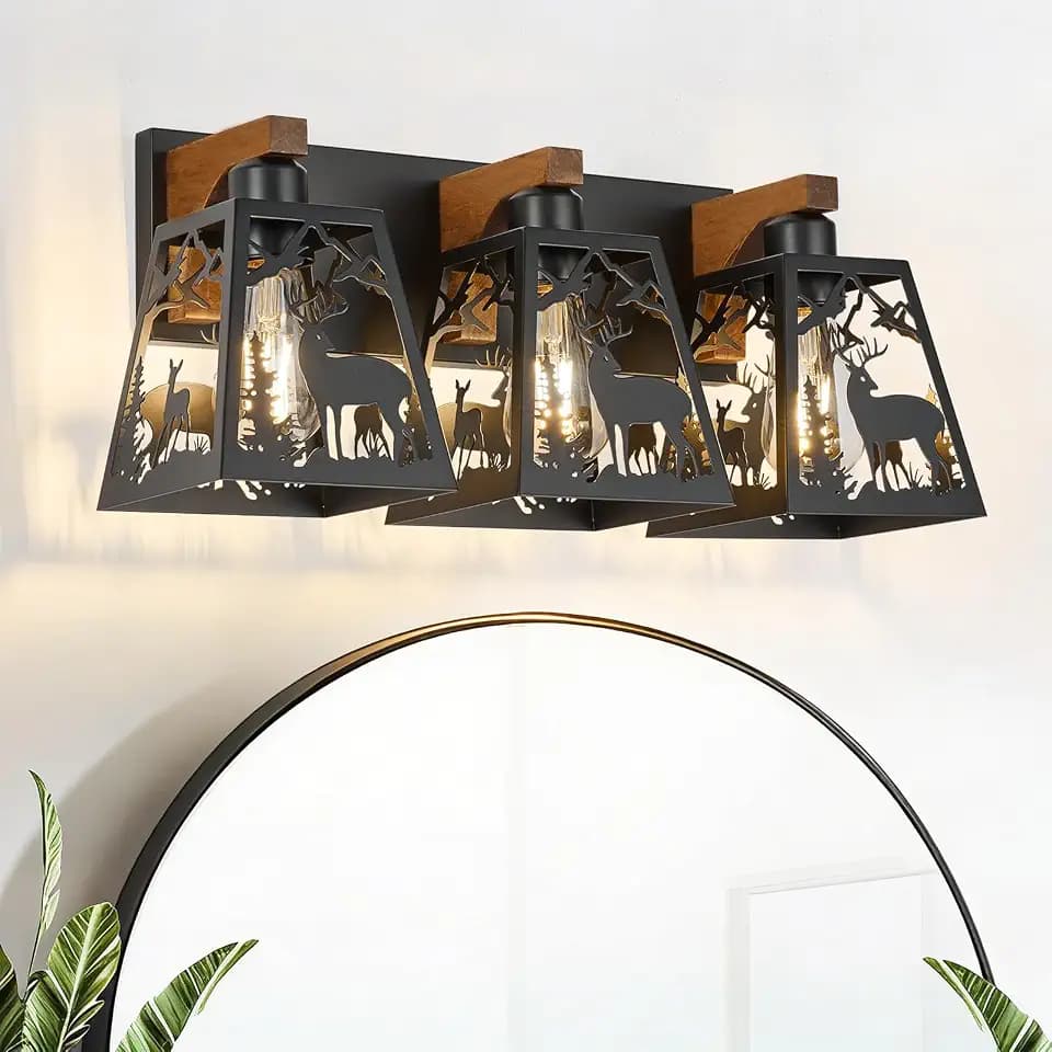 Rustic Deer Bathroom Light Fixtures, 3 Light Metal Wooden
