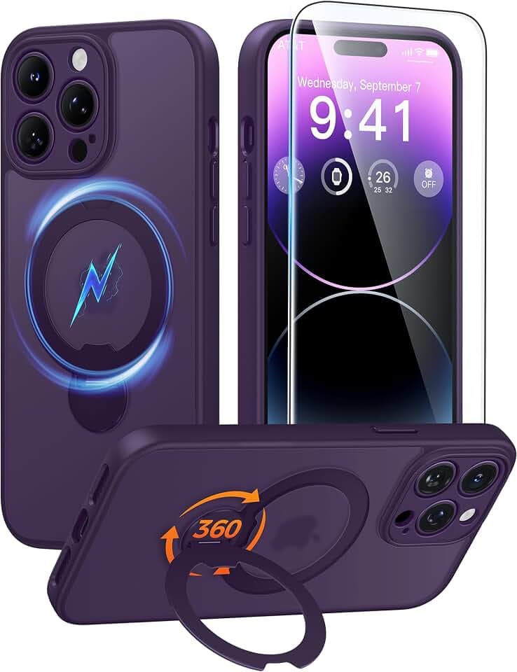 FNTCASE for iPhone 14 Pro Max Case with 360 Spin Magnetic Stand Purple