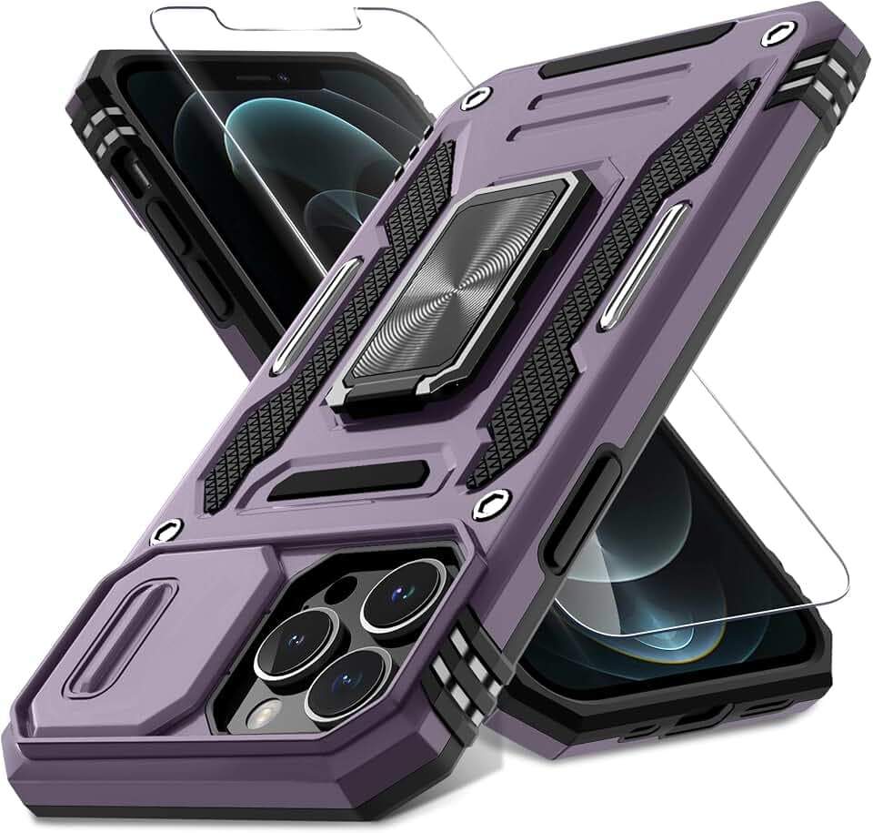 DEERLAMN Schutzhülle für iPhone 13 Pro Max mit Schiebe-Kamera-Abdeckung + Displayschutzfolie (1 Packung), drehbarer Ringständer, stoßfest, Militärqualität, 17,7 cm, Dunkelviolett