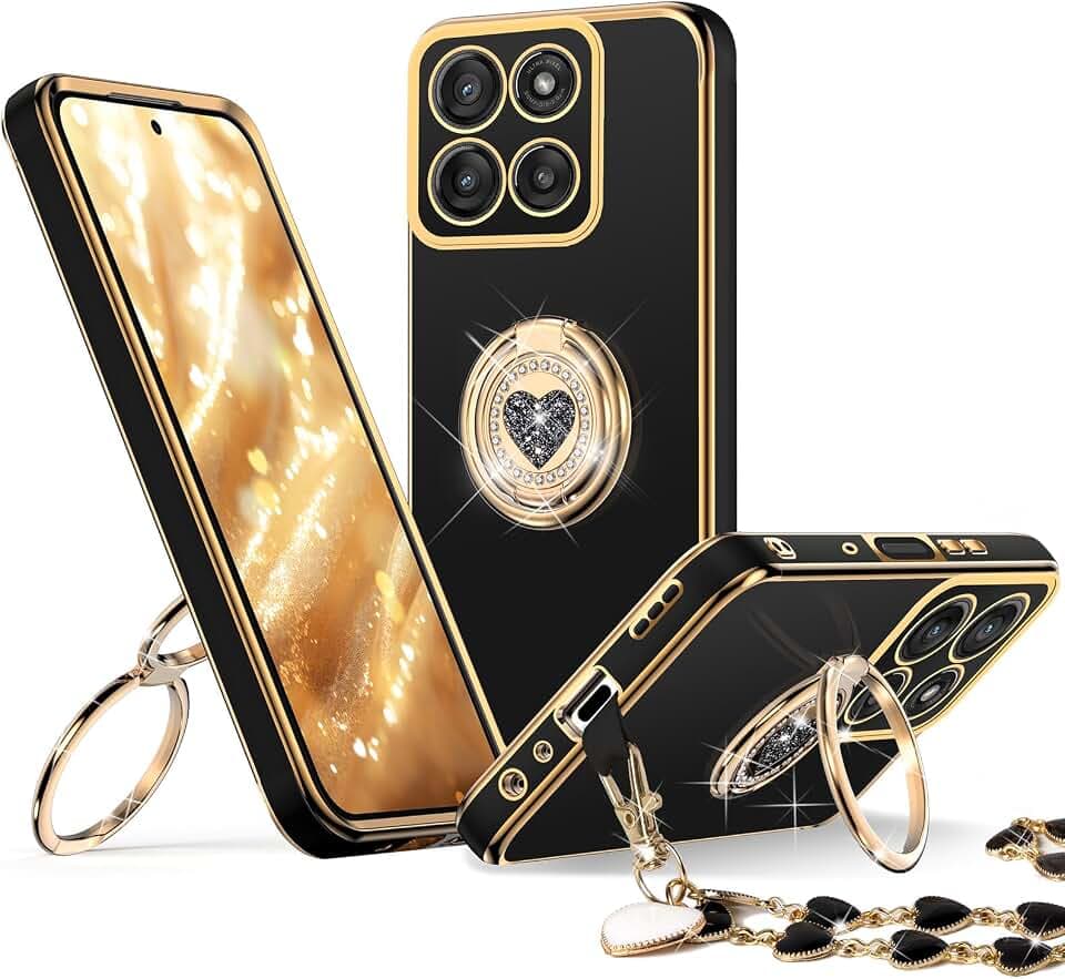 XYZ for Moto G Power 5G 2025 case with Ring Stand, Women Girls Cute Love-Heart Luxury Bling Protective Case Heart for Motorola Moto G Power 5G 2025, Black
