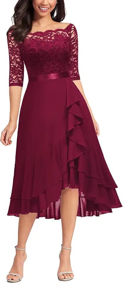 Miusol Women's Off Shoulder Lace Half Sleeve Ruffle Hi-Lo Party Midi Dress