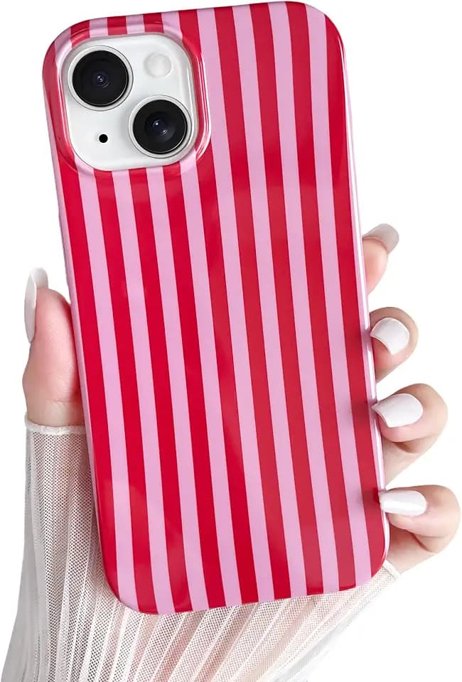 Yeddabox for iPhone 15 Plus Case Cute Striped Phone Case Soft TPU Slim Shockproof Phone Cover for Women Girls, Red and Pink