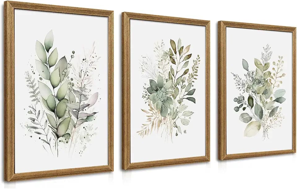 WRFON Framed Sage Green Botanical Wall Art Set of 3, Watercolor Eucalyptus & Wild Plant Canvas Prints, Minimalist Green Wall Decor for Living Room Bedroom Bathroom, 16x24 Inches