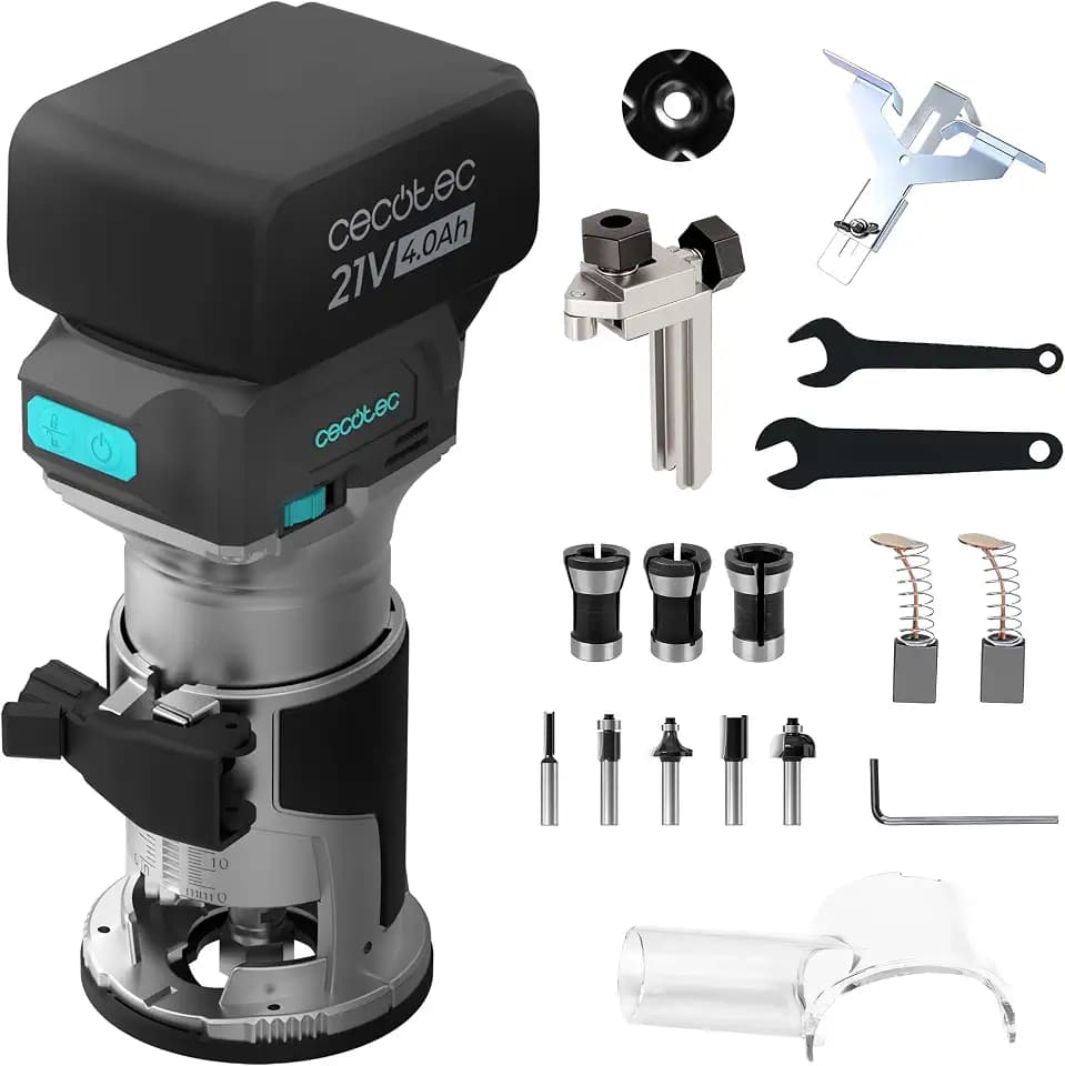 Cecotec Akku-Oberfräse MultiShape 2000 Liberty. Brushless, NEX21 21 V, 4,0 Ah, 5 Fräser, 6/6,35/8 mm Spannzangen, Drehzahlregelung, Tiefenanschlag, Parallelanschlag, Staubabsaugung, Alugehäuse