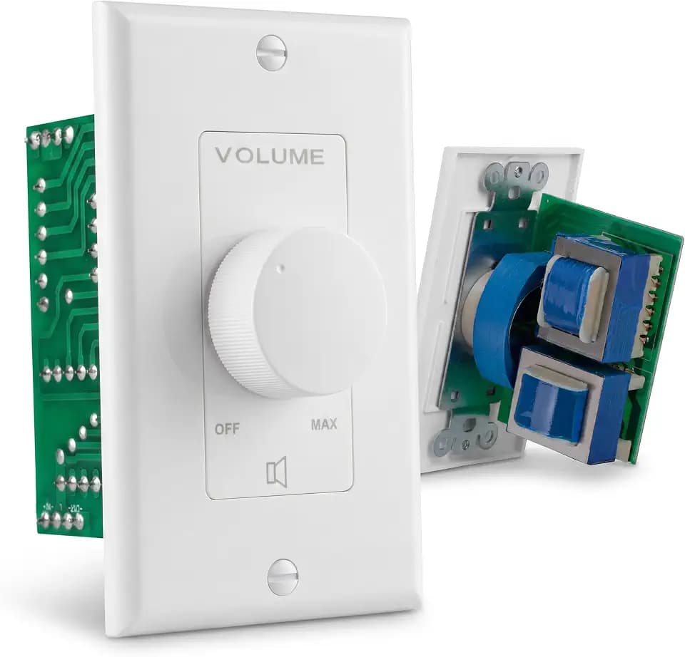 Wall Mount Volume Control Knob - Flush In-Wall Plate Rotary Style Adjustment, 20-20kHz Freq. Response Companion for Hi-Fi Four-Pair Speaker Selector w/ Audio & Video Compatibility, White - Pyle PVC1
