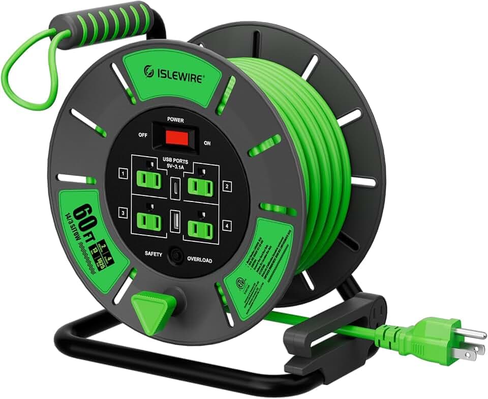 60 FT Retractable Extension Cord Reel, 14AWG SJTOW Heavy Duty Power Cord with 4 Grounded Outlets, USB-A & USB-C Ports, 13A Circuit Breaker, Hand Crank for Indoor Outdoor Use, ETL Listed, Green
