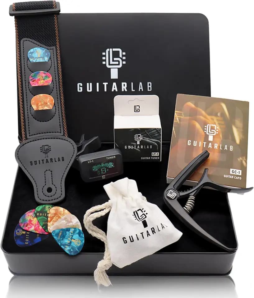 Guitar Lab Gitarrenzubehör-Set – Hochwertige Metallbox mit Gitarrengurt, Kapodaster, Clip-On E-Gitarren-Stimmgerät und Plektren, Akustik, Bass,