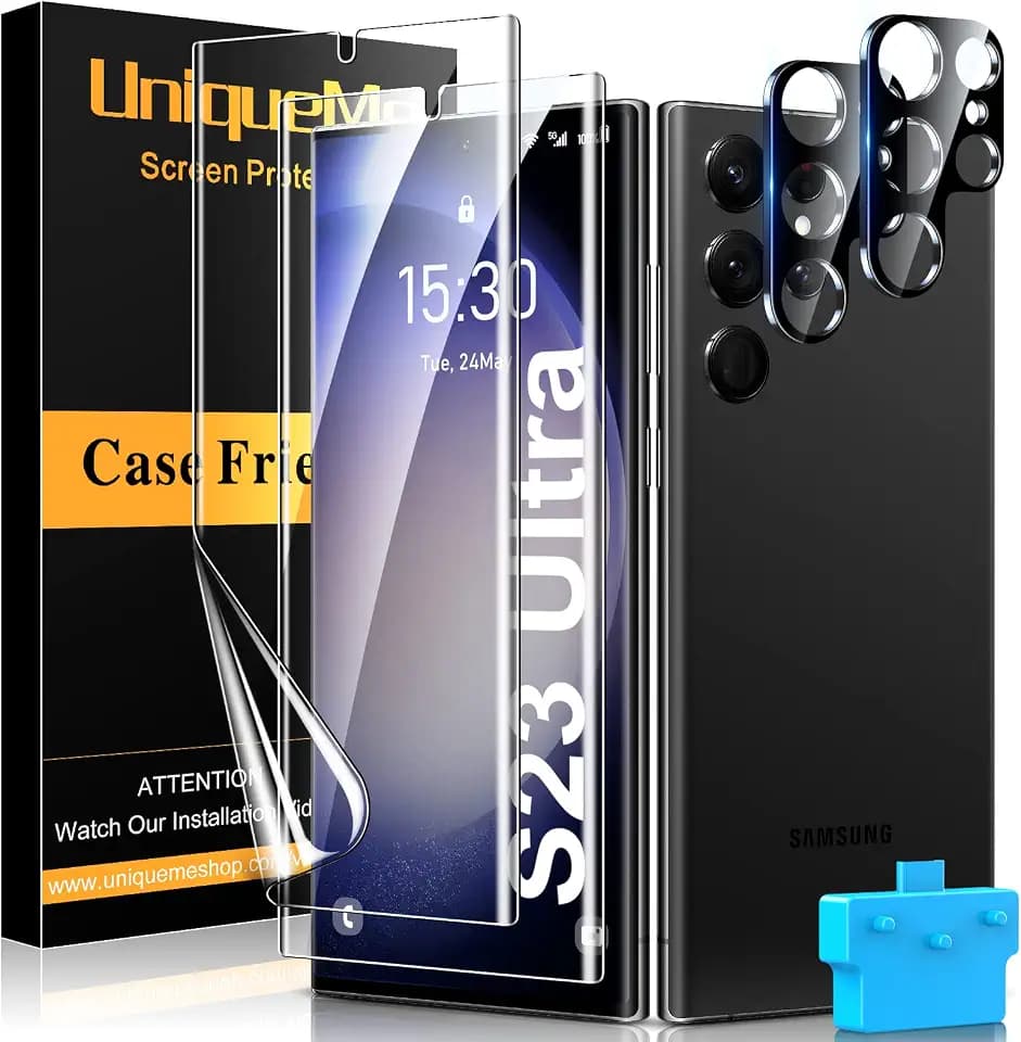 UniqueMe [2+2+1Pack Compatible for Samsung Galaxy S23 Ultra 6.8 inch Screen Protector Flexible TPU, Camera Lens Protector with Installation Frame, 24h Scratch Self-Healing