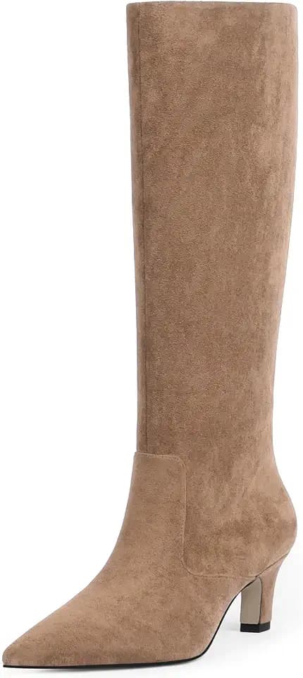 Easyfox Knee High Boots for Women Pointed Toe Kitten Heel Tall Boots