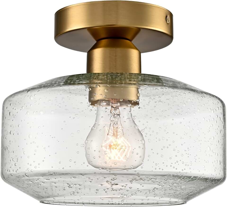 Modern Semi-Flush Ceiling Light, Seeded Glass, Brass Gold