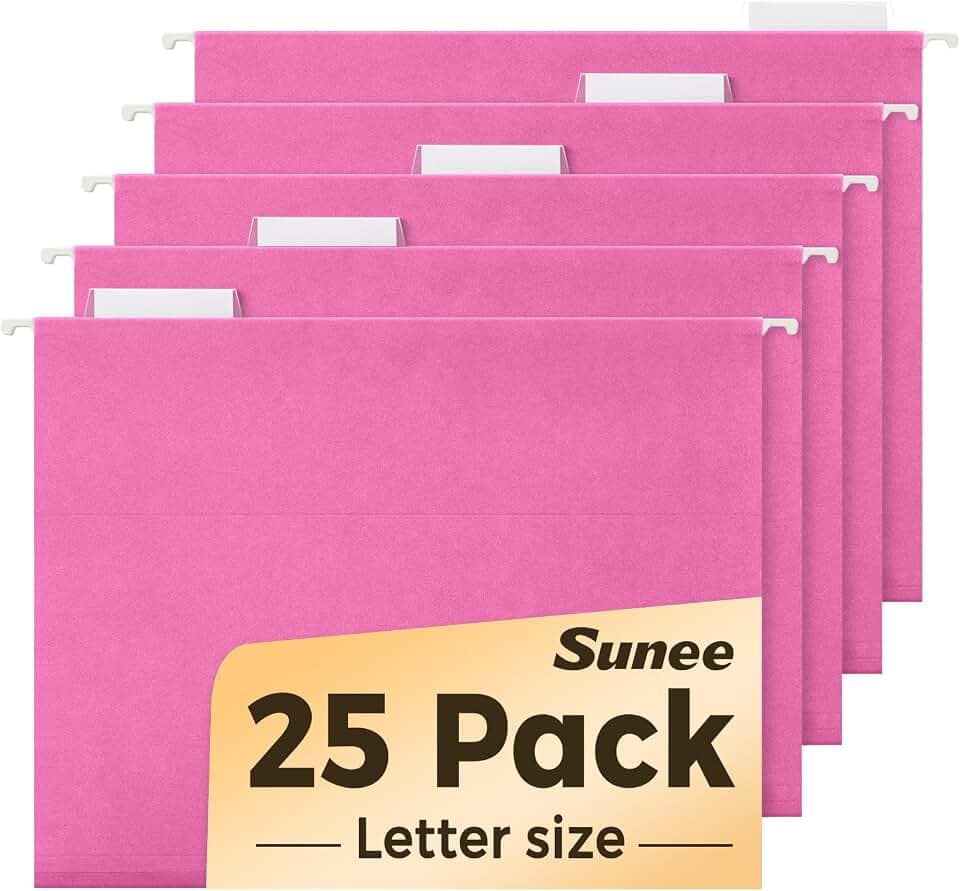 SUNEE Hanging File Folders, 25 Pack Letter Size Hanging File Folders with 1/5-Cut Tabs, Ideal for Home and Office Organization and Papers Classification, Bright Neon Pink