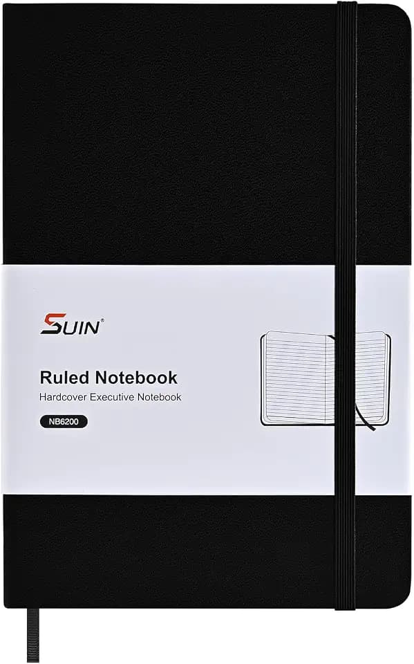 SUIN Professionelles A5-Notizbuch für die Arbeit, liniert, 100 g/m² Augenpflegepapier, Kunstledereinband, A5-Tagebuch für Business, Schule und Notizen, Schwarz, 1 Stück