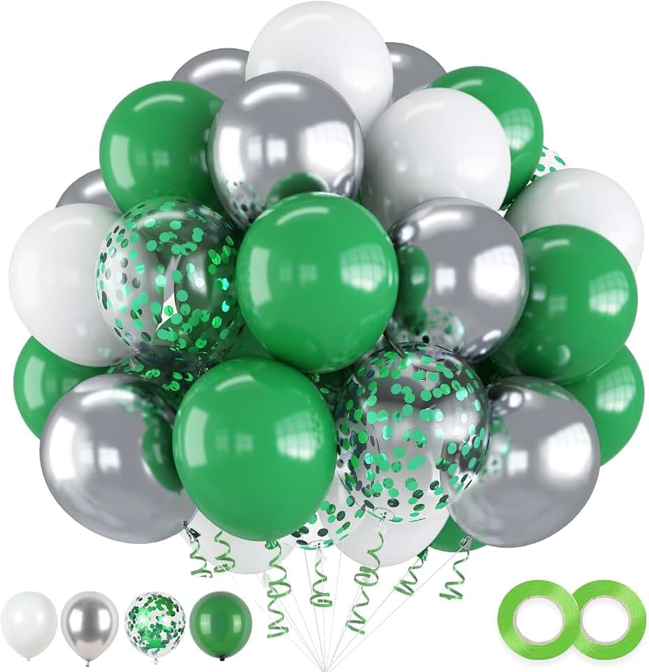 Green and White Balloons, 60 PCS Silver With Confetti Metallic, 12 Inch Emerald Dark Forest Green for Kids Birthday Party Decorations