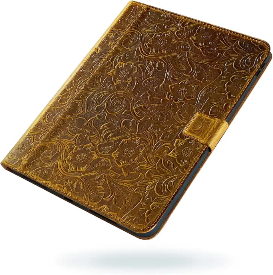 Gexmil for iPad 9.7 Inch Case,6th/5th Generation(2018/2017)-iPad Air 2/1 Gen. Genuine Leather Cover Auto Sleep/Wake,Cowhide Folio Cover with Adjustable Stand with Buckle,Anti Slip,Flower Brown