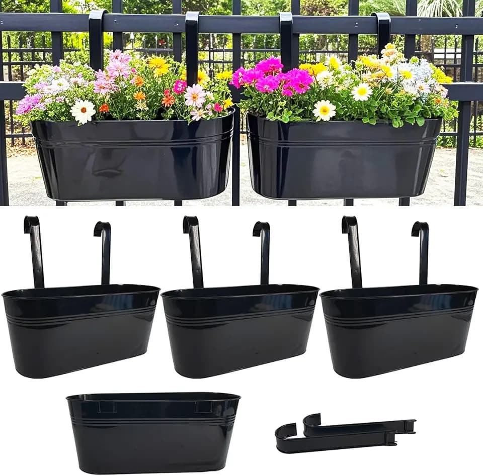 17" Hanging Metal Railing Planter with Detachable Hook, Oval Black, 4 Pack