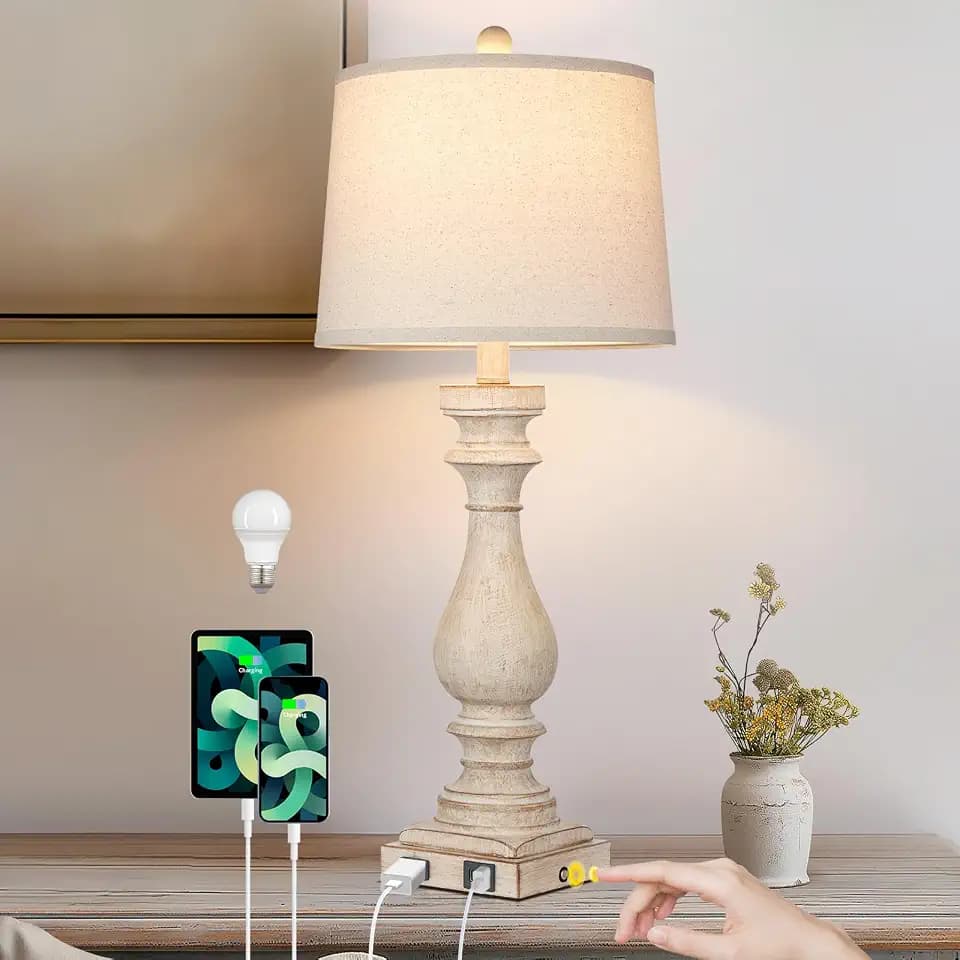 Cinkeda 29" Tall Farmhouse Lamp,Vintage Bedside Nightstand Lamps with USB Charging Ports A/C,3-Way Dimmable Touch Control Retro Lamp for Bedroom Living Room,Single Beige