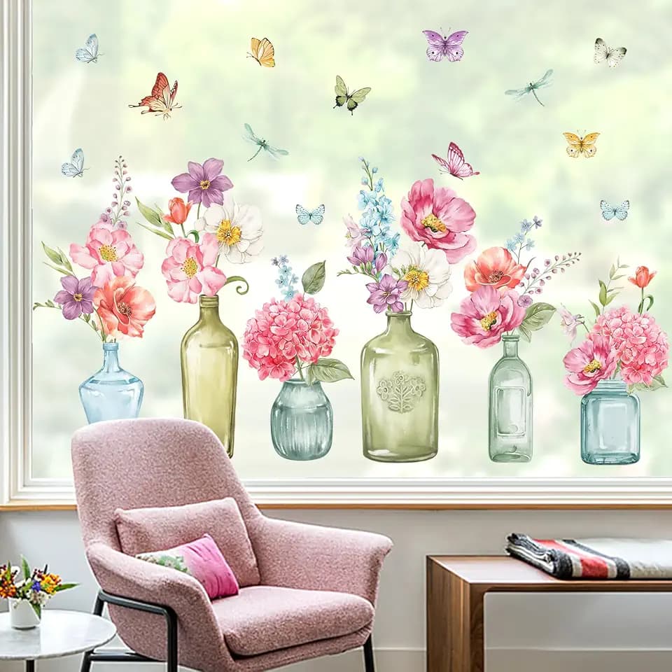 wondever Fensterbilder Garten Blumen Vasen Schmetterlinge Fenstersticker