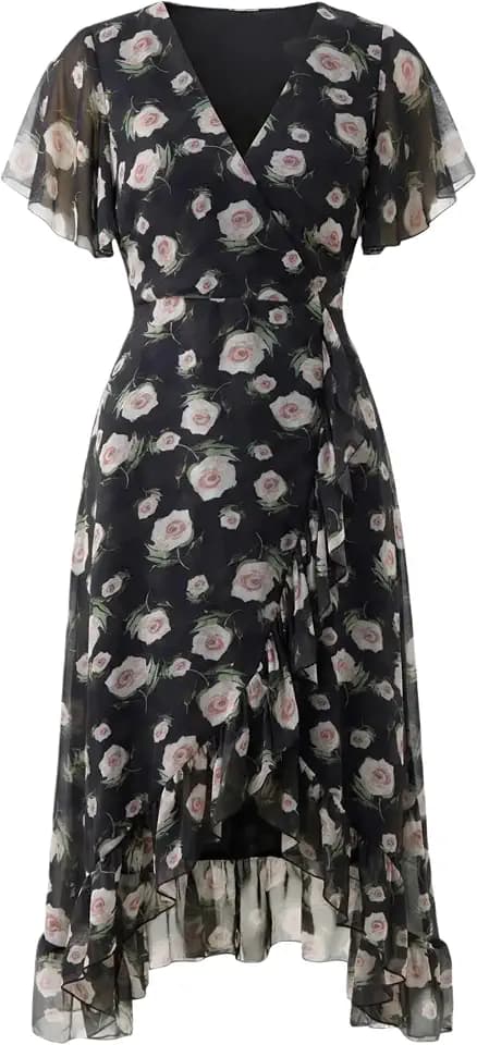 Women's Ruffle Wrap V Neck Chiffon Cocktail Summer Midi Dresses