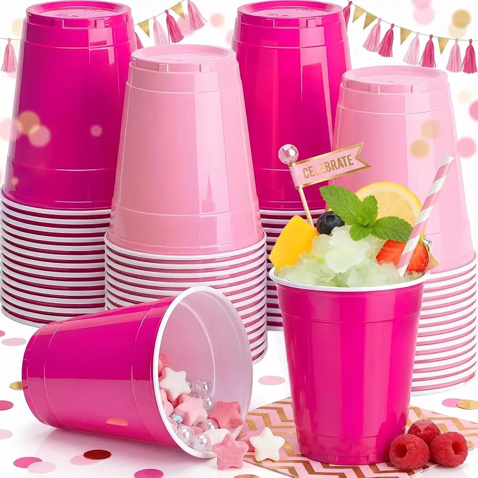 100 Count Pink Plastic Cups Disposable,12 Oz Pink Cups for Party
