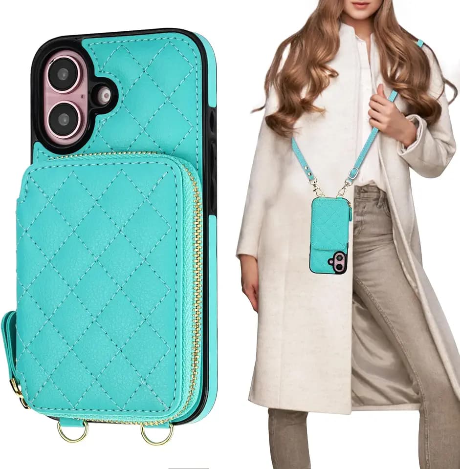 Bocasal Crossbody Wallet Case Card Holder for iPhone 16, Mint Green