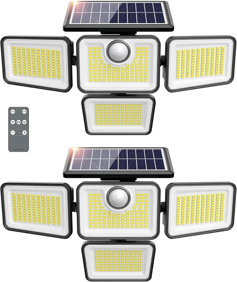 4500LM Solar Lights Outdoor, 4 Adjustable Heads Motion Sensor Lights, 3 Modes, 6500K, IP65 Waterproof Solar Security Wall Lights, Remote Control Flood Lights, Garden, Outside, Backyard, 2 Pack