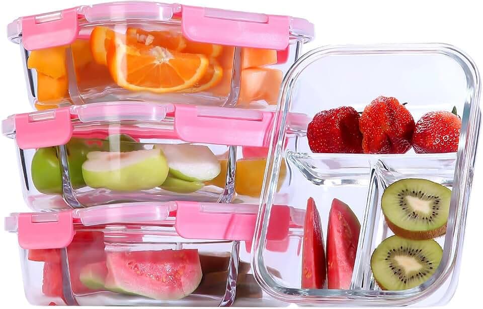 Meal Prep Boxen Glas 3 Fächer (Stück 1040ml) Frischhaltedosen mit Deckel Portionskontrolle