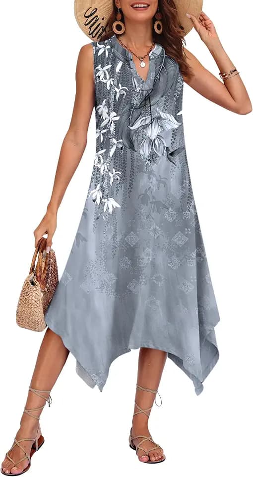 AUSELILY Womens Summer Midi Dress V Neck Sleeveless Casual with Pockets