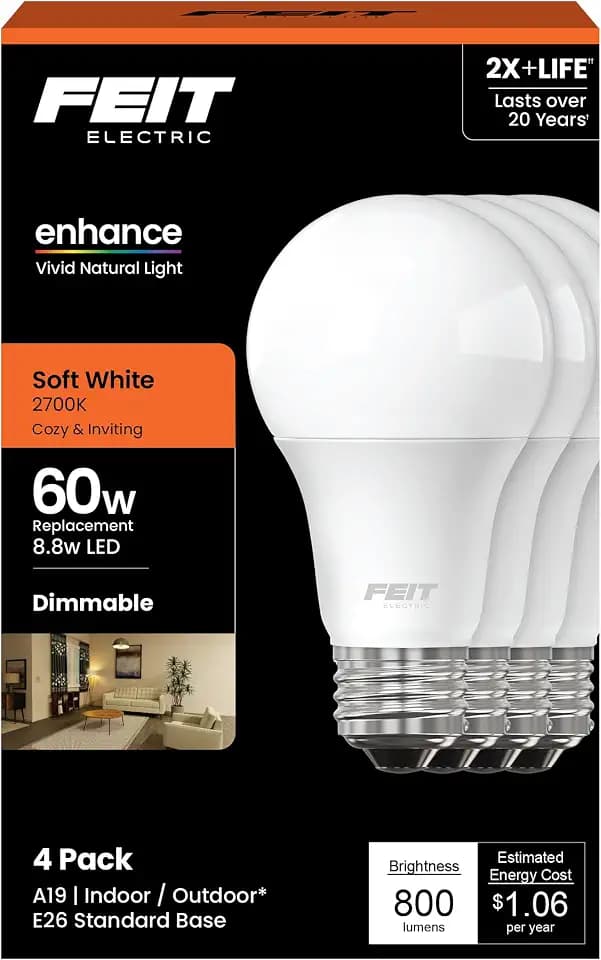 Feit Electric A19 LED Light Bulbs, 60W Eq, Dimmable, Soft White 4 Pack