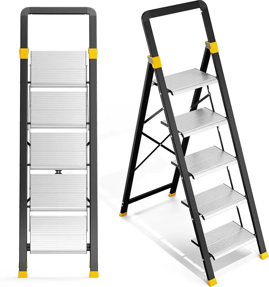 KINGRACK Trittleiter 5 Stufen Klappbar Aluminium, Klappleiter mit Handlauf, Haushaltsleiter Anti-Rutsch-Stabilem und Breitem Peda, Leiter bis 150kg Belastbar für Haushalt, Küche, Büro