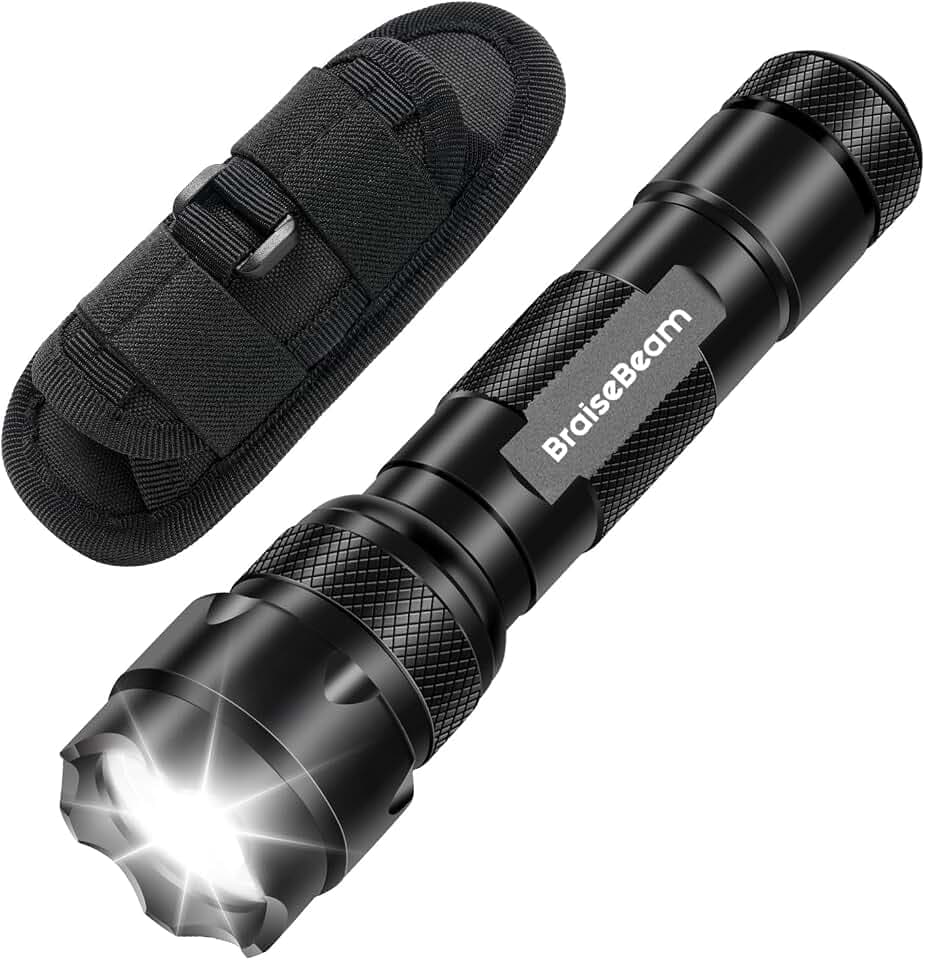 LED Taschenlampe mit Holster, 1000 Lumen Extrem Hell Taktische Taschenlampe, Zoombar & IP67 Wasserdicht, Ein-Modus Handlampe für Camping, Outdoor & Notfälle - Batterie Nicht Enthalten