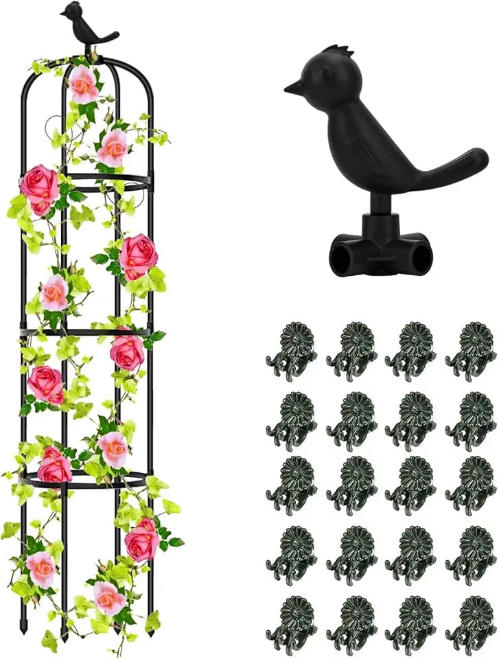 Hysagtek Rankhilfe Garten,145cm Obelisk Rankhilfe Brombeeren für Pflanzen Rankhilfe Rosen,Abnehmbar Glasfaser Rankturm mit 20 Stück Pflanzenklammer für Rosen Blumen und Tomaten Kletterpflanzen
