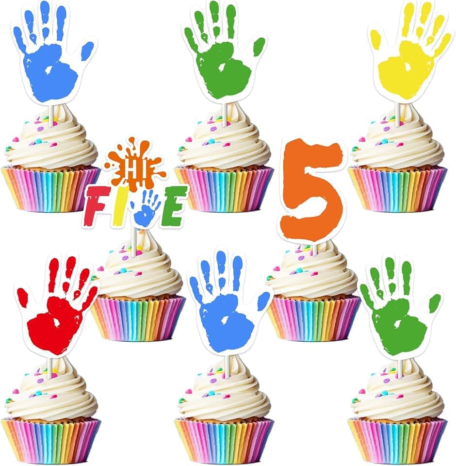 High Five Birthday Party Decorations - 36PCS Hi Five Cupcake Toppers, Rainbow 5th Birthday Decorations for Boys Girls, Handprint Cake Decorations