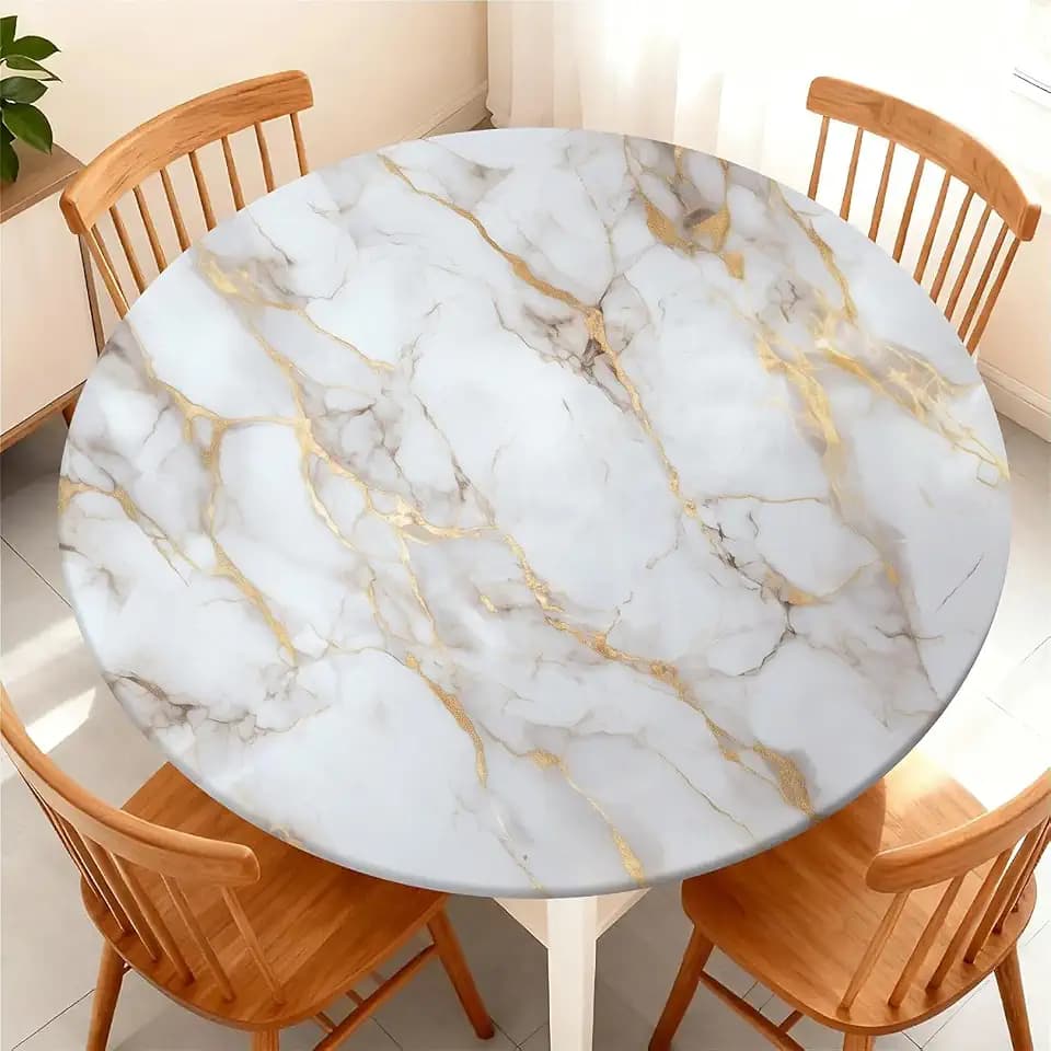 Round Fitted Tablecloth with Elastic Edge, Waterproof Stain Resistant Fabric Table Cover for 37"-44" Round Table, Indoor Outdoor Dining, Kitchen Decor, Camping, Party, Holiday, Gold White Marble