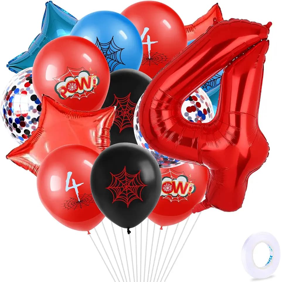 Birthday party balloons, Spider themed color scheme, Cartoon Hero 32inch Number 4 Aluminum Foil Balloon, 4th Birthday Decorations, Cartoon Party Birthday Supplies, Number large Balloons