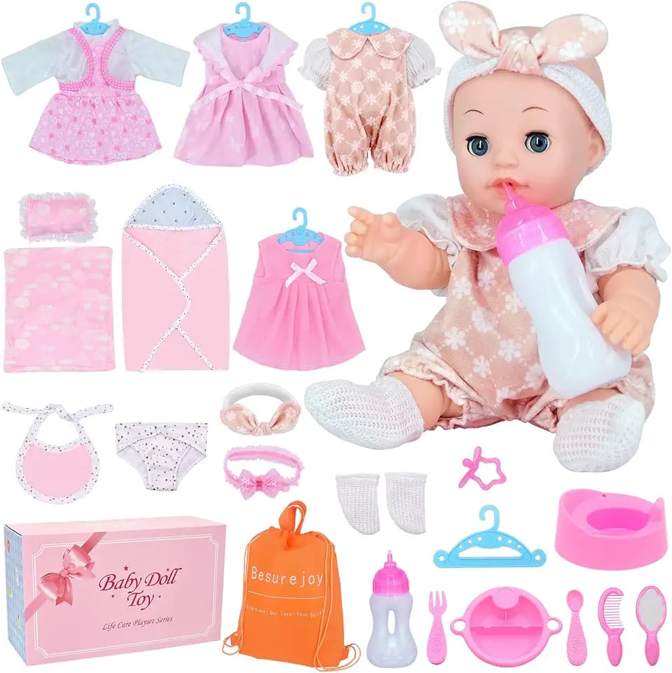 12'' Baby Doll Playset with 4 Outfits,Clothes Hanger,Swaddle Blanket,Bib,Diaper,Pacifier,Feeding Bottle,Backpack and Accessories. Dress-Up Pretend Play Reborn Toy Girl Toddler Kids Gift Set