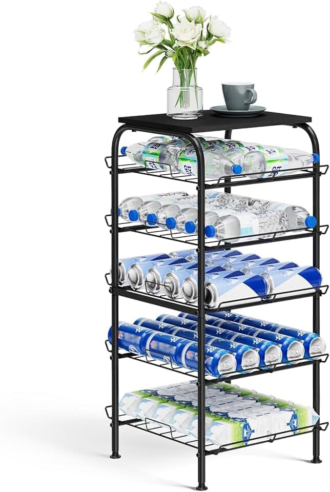Vrisa 5 Tier Water Bottle Storage Rack Vertical Freestanding Bottled Water Organizer Large Capacity Beverage Drink Soda Can Holder Stand for Kitchen Pantry Home Party Food Storage, Black