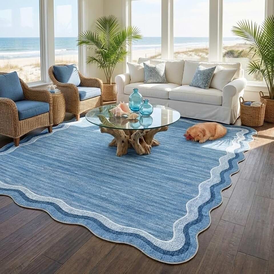 Garvee Scallop Area Rug 5x7 Washable Rugs for Bedroom Neutral Rug Blue