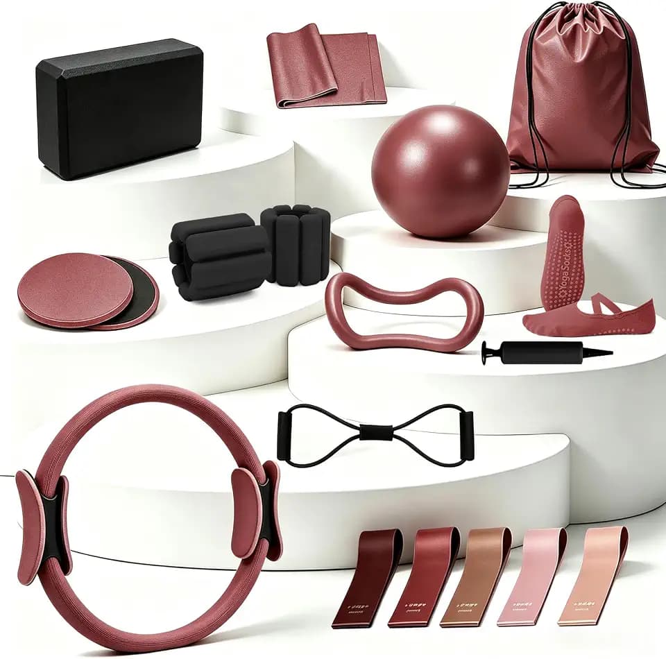 19 PCS Pilates Kit, Sand White/ Red Brown Pilates Sets with Yoga Block