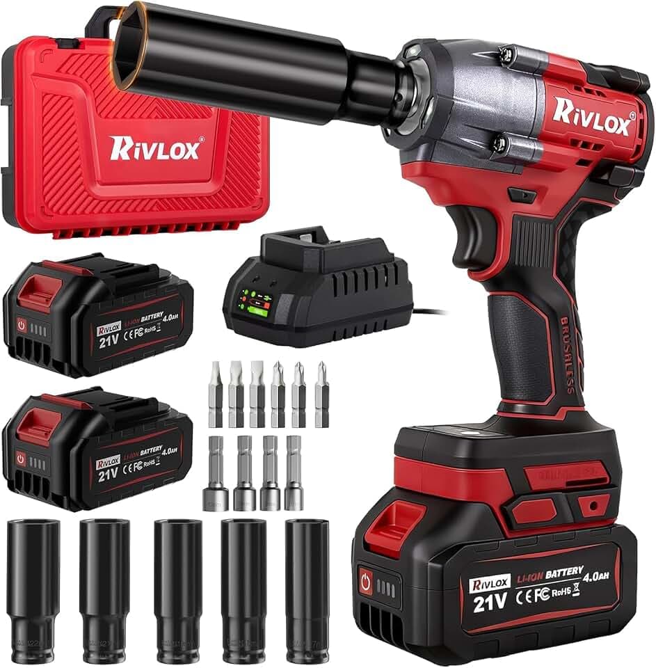 Cordless Impact Wrench1/2 Inch, 800N. M/590Ft-lbs Power Impact Gun Kit, High Torque Electric Impact Driver for Car RV Tire,LED Light,4.0Ah Battery,Car/DIY Furniture/Home,Power tools,Red Toolbox