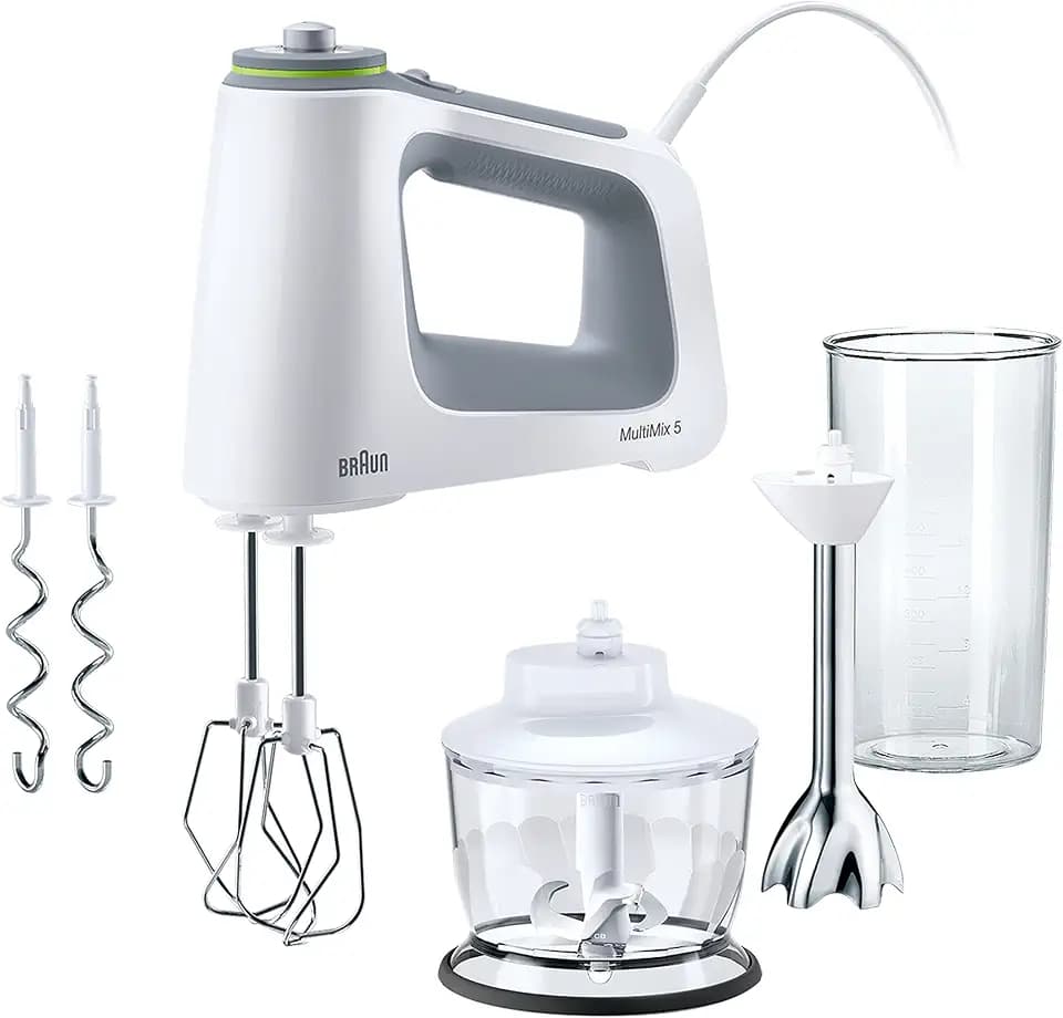 Braun MultiMix 5 HM 5137 Handmixer – Handrührgerät mit stufenloser Geschwindigkeitsregelung, inkl. Schneebesen, Knethaken, Pürierstab, Zerkleinerer und 600 ml Mix- und Messbecher, 750 Watt, weiß