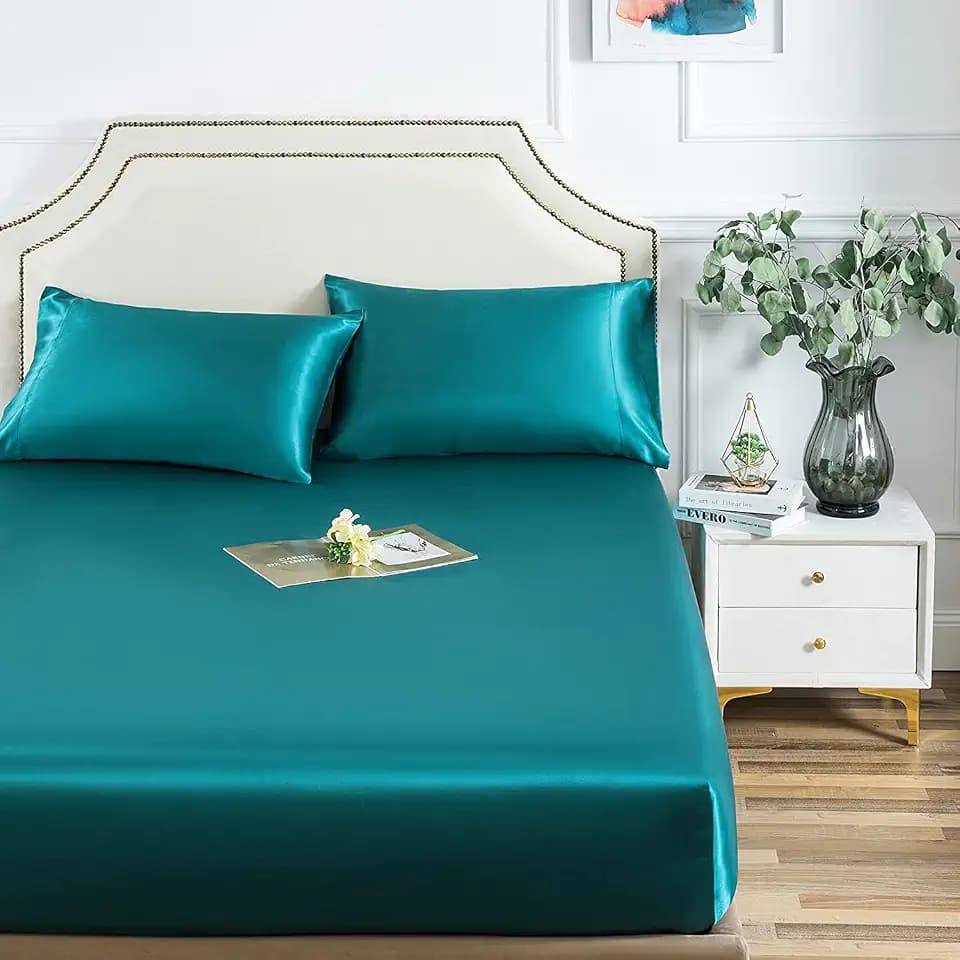 Damier Satin Spannbettlaken 180x200cm Türkis Grün Seide Glänzend Spannbetttuch Hochwertiges Satin Deluxe Bettlaken, geeignet für Matratzen bis 30cm