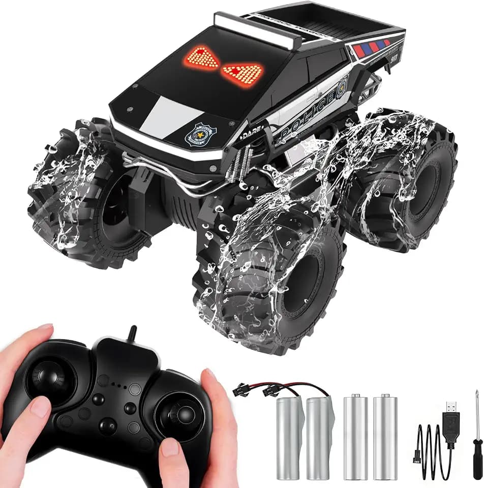 Police Remote Control Car with LED Dynamic Eyes, 1:18 Amphibious RC Cars, 4WD All Terrain Pickup, 2.4GHz Waterproof Cyber Truck, 360° Rotatable Monster Truck Toys for Boys Birthday Gifts Age 6 7 8 9+