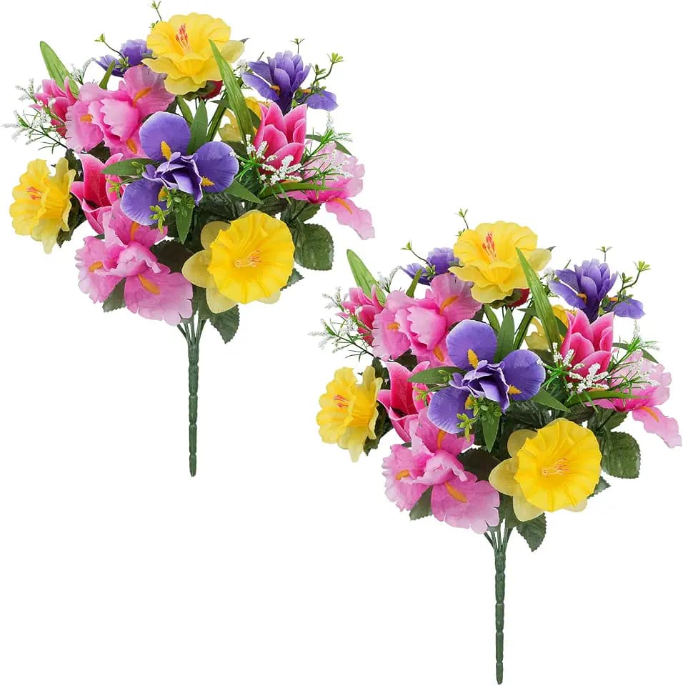 2PCS 17in Cemetery Flowers Artificial Tulip and Daffodil Bouquet for Grave